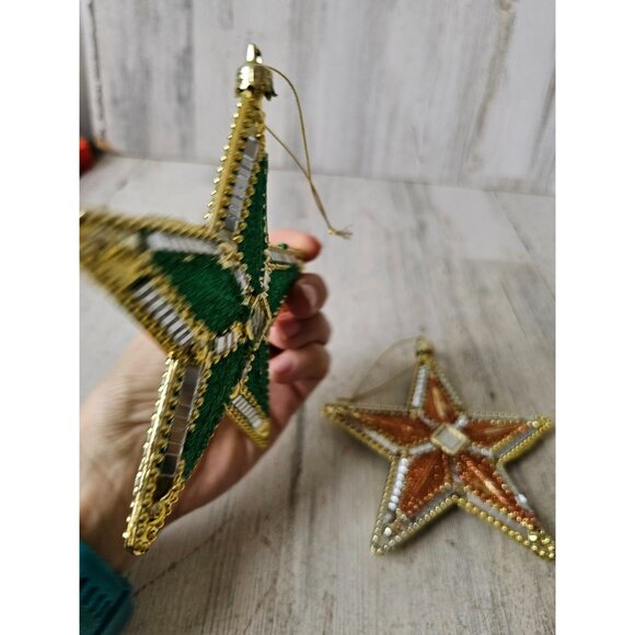 Vintage glitter star gold green orange plastic mirror ornament Xmas tree - Picture 2 of 8
